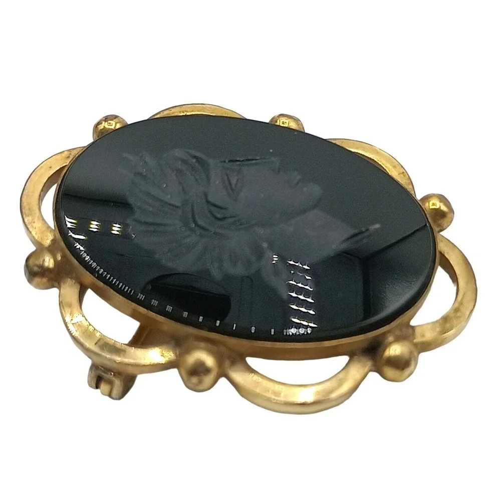 Winard Intaglio Cameo Brooch Pin‎ Pendant Black Glass 12k GF Jewelry Vintage